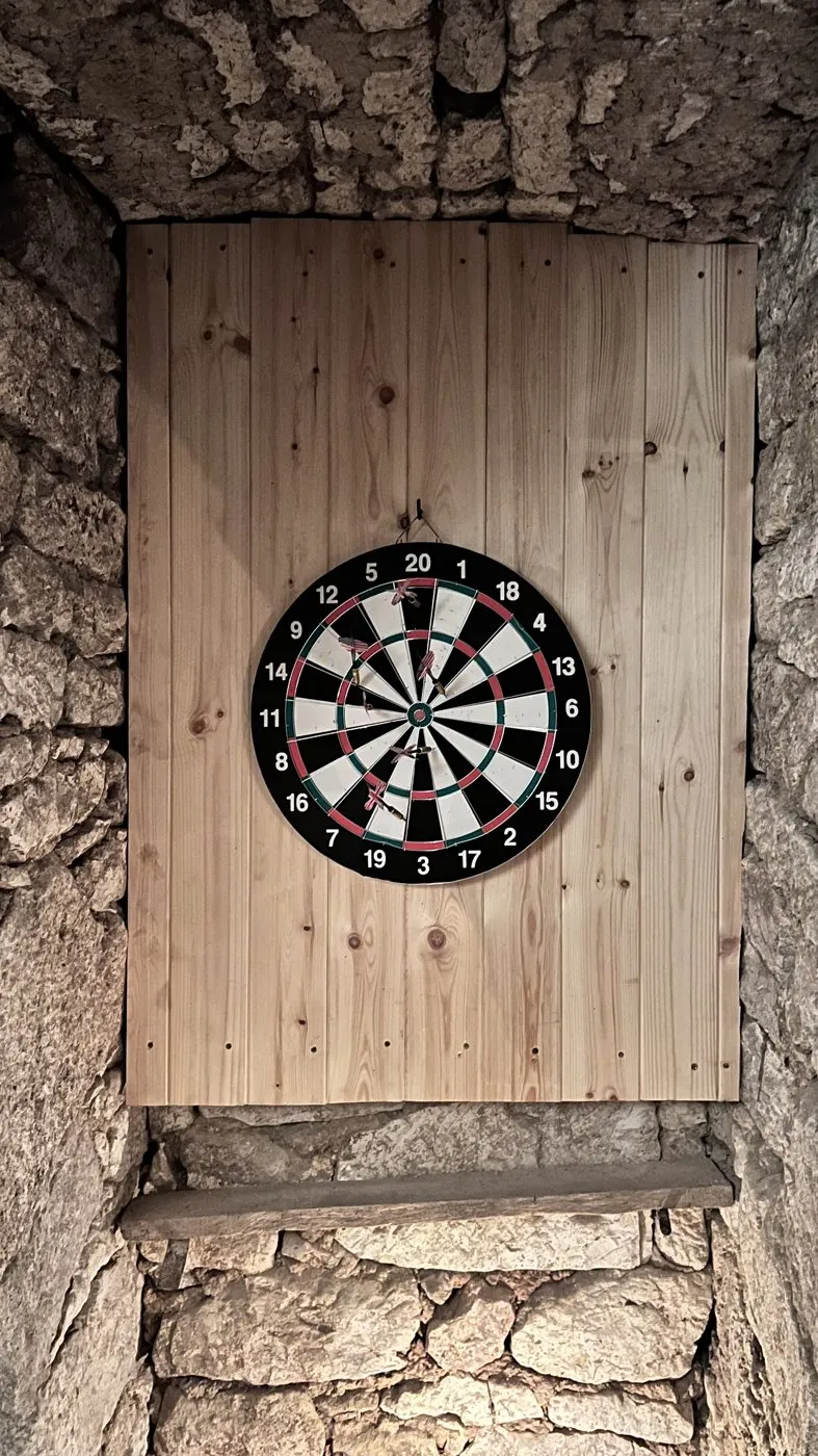 Wooden cellar door with a dartboard