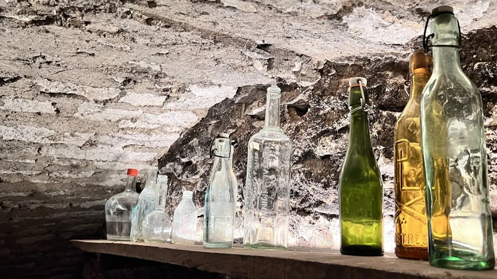 Old glass bottles lined up in the stone cellar