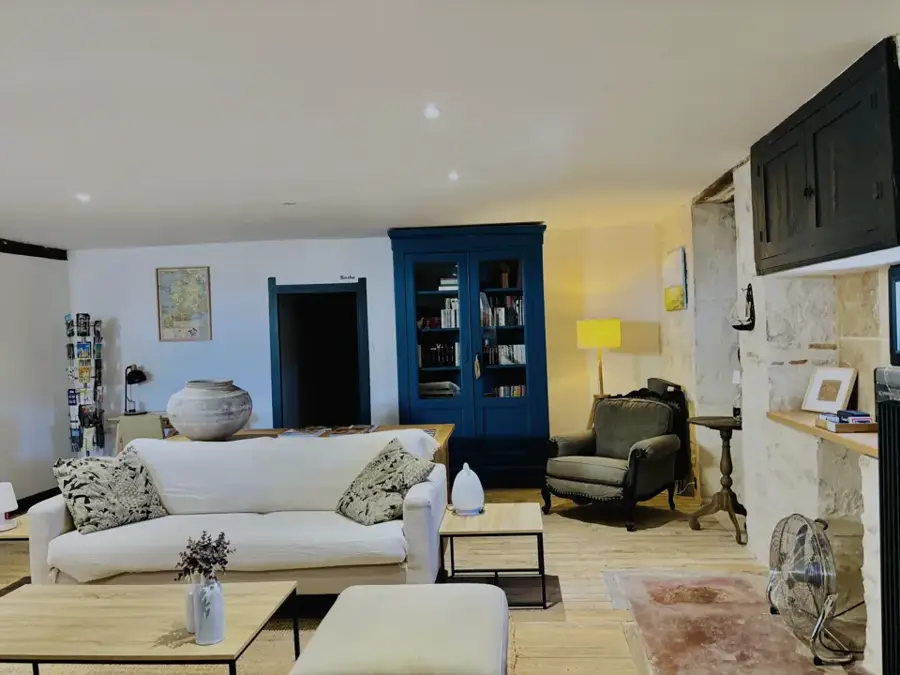 Living room with white sofa and blue bookcase